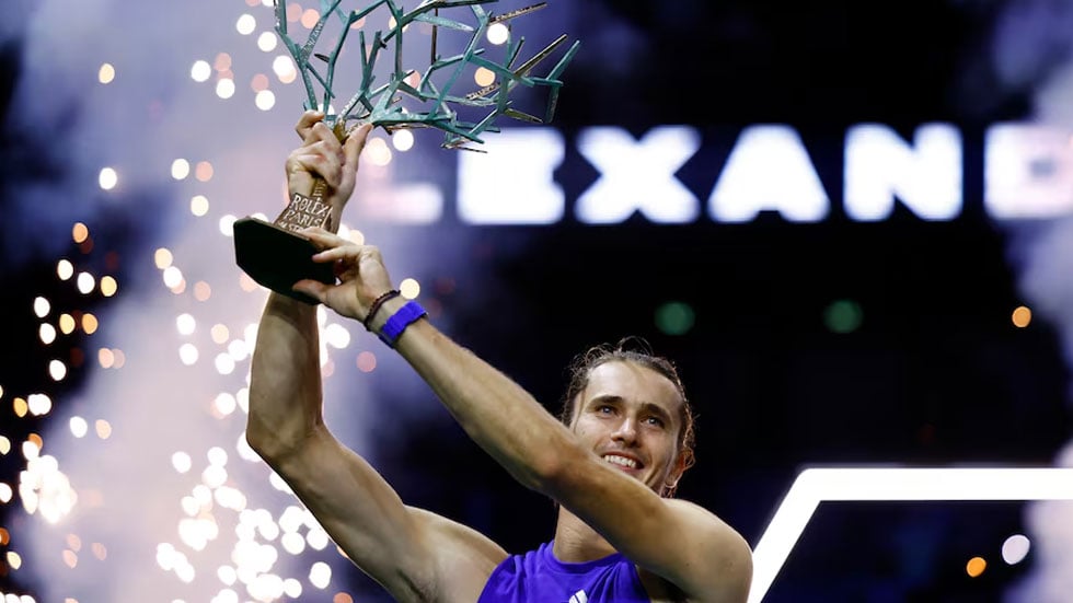 Germanys Alexander Zverev celebrates with the trophy after winning his mens singles final match against Frances Ugo Humbert on November 3, 2024. — Reuters