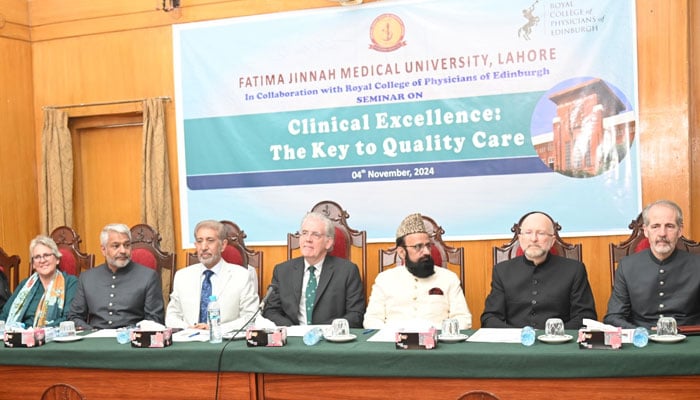 President Royal College of Physicians Edinburgh Prof. Andrew Elder (centre), VC (KEMU) Prof. Mehmood Ayyaz (from centre to left) and the VC (FJMU) Prof. Khalid Masood Gondal (from centre to right) chair the seminar on ‘Clinical excellence: the key to quality care’ at the (FJMU) on November 4, 2024. — Facebook@fjmuofficial