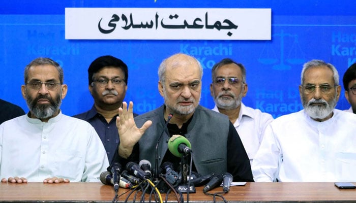 Jamaat-e-Islami (JI) Pakistan Emir Hafiz Naeemur Rehman along with others addresses media persons during a Press Conference at the Idara-e-Noor-ul-Haq in Karachi on November 4, 2024. — PPI