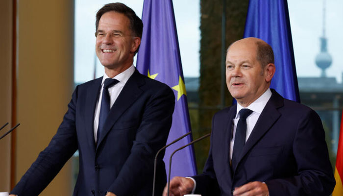 NATO Secretary General Mark Rutte (left) and German Chancellor Olaf Scholz (right) giving a joint press conference in Berlin.— AFP/File