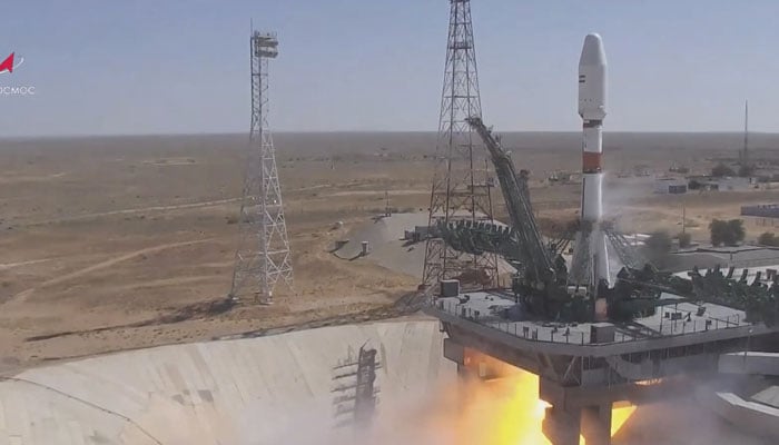 Rocket booster with the Iranian satellite Khayyam blasts off from the launchpad at the Baikonur Cosmodrome, Kazakhstan on  August 9, 2022. — Reuters