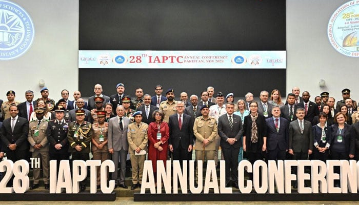 Under-Secretary-General for Peace Operations Jean-Pierre François Renaud Lacroix (centre) pose for a group photo at the 28th Annual IAPTC Conference in Islamabad on November 4, 2024. — X@@Lacroix_UN