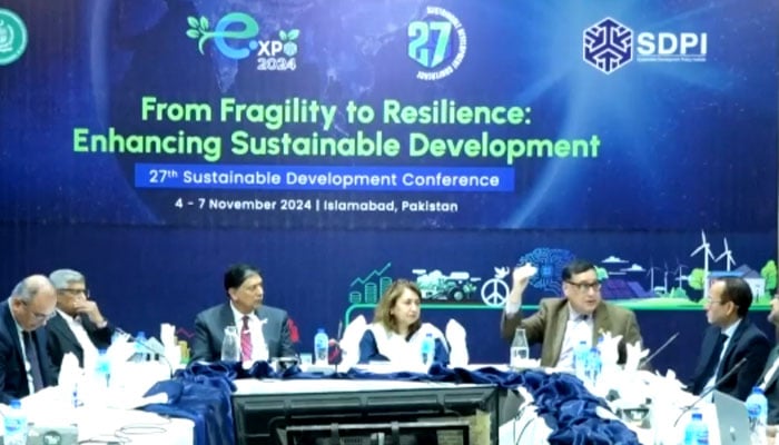 Participants attend a plenary session at the 27th Sustainable Development Conference organised by Sustainable Development Policy Institute (SDPI) at Pak-China Centre on November 5, 2024. — Screengrab via Facebook@sdpipakistan