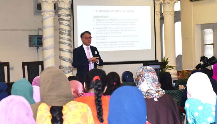 Participant speaks at an International Symposium titled “Impact of Religion, Family Dynamics, and Legal Frameworks on Women’s Rights” hosted by the Department of Islamic Studies at (FJWU) on November 5, 2024. — Facebook@Fjwu_Official