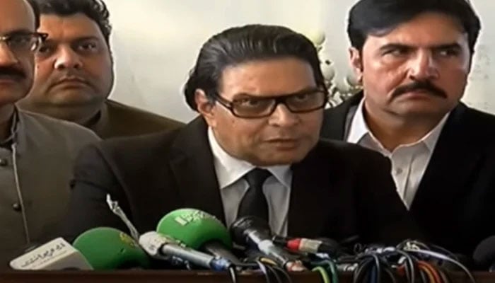 PTI Secretary General Salman Akram Raja addresses the press conference in Lahore on October 31, 2024. — Screengrab via Geo News