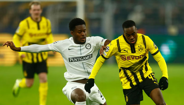 Borussia Dortmunds Jamie Bynoe-Gittens (left) in action with SK Sturm Grazs Tochi Chukwuani on November 5, 2024. — Reuters