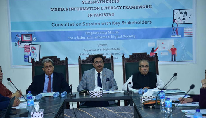 Punjab University Vice Chancellor Prof Dr Muhammad Ali (centre) attends a consultation session with key stakeholders on ‘Strengthening Media & Information Literacy Framework in Pakistan on November 6, 2024. — Facebook@UniversityOfThePunjab.Official