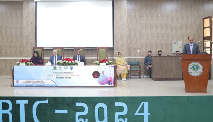 Participant speaks at an international conference titled ‘Trends and Research in Chemistry’ organised by the Department of Chemistry at the University of Education, Lahore on November 6, 2024. — Facebook@ue.edu.pk.official/