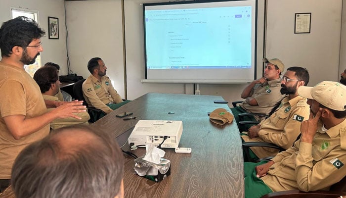 A participant delivers a lecture during a training session on equipping frontline rangers with digital skills conducted by the Islamabad Wildlife Management Board (IWMB) on November 6, 2024. — Facebook@IWMBMHNP