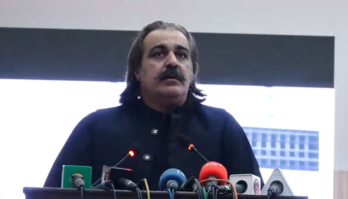 KP Chief Minister Ali Amin Khan Gandapur addresses a seminar on drug addiction and its negative effects on health at the University of Peshawar on November 6, 2024. — Screengrab via Facebook@AliAminKhanGandaporPTI