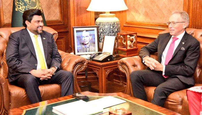 Sindh Governor Kamran Khan Tessori (left) in a meeting with Australian High Commissioner Neil Hawkins at the Governor House on November 6, 2024. — X@@KamranTessoriPk