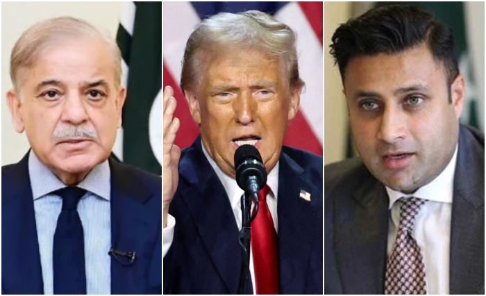 A collage showing PM Shehbaz Sharif (left), US President-elect Donald Trump (centre) and PTI founder Imran Khans aide Zulfi Bukhari. — APP/Reuters/state media/File