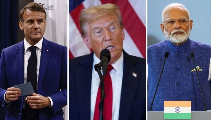 The combination image shows French President Emmanuel Macron (left), Donald Trump (centre) and Indian PM Narendra Modi in separate gatherings. — Reuters/File