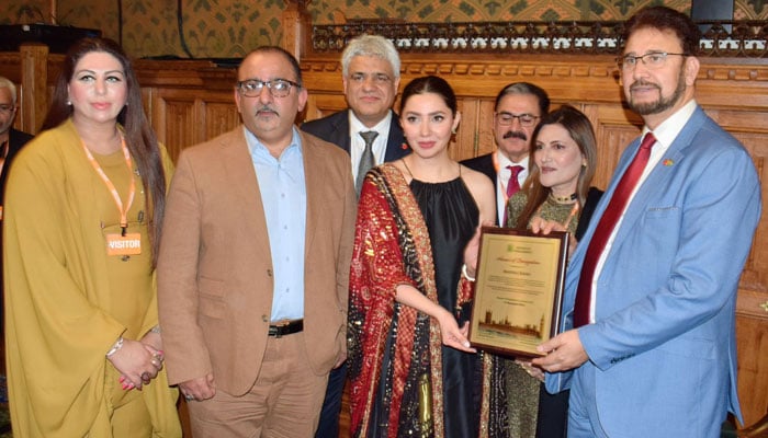 Pakistani actress Mahira Khan receiving an award in the UK Parliament in recognition of her remarkable contributions to the global cinema and her role as a cultural ambassador. — Reporter