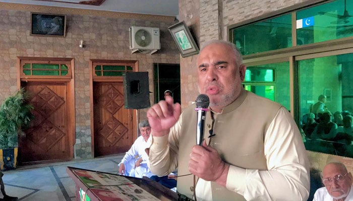 PTI leader and Member of the National Assembly Asad Qaiser addresses a party meeting at his residence in Marghuz on November 6, 2024. — Facebook@SpeakerAsadqaiser