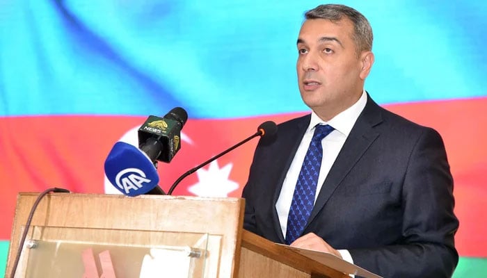 Azerbaijan ambassador Khazar Farhadov speaks at a victory day reception in Islamabad on November 7, 2023. — Facebook@AzEmbPk