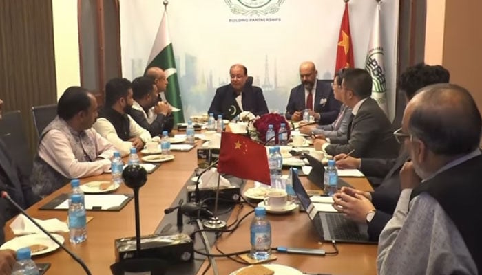 Punjab Minister for Industries and Commerce Chaudhry Shafay Hussain in a meeting with a delegation of Chinese investors at Punjab Board of Investment Trade (PBIT) on November 7, 2024. — Screengrab via Facebook@ICIDPunjab