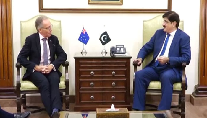 Sindh Chief Minister Syed Murad Ali Shah (right) in a meeting with Australian High Commissioner Neil Hawkins at the CM House on November 7, 2024. — Screengrab via Facebook@SindhCMHouse