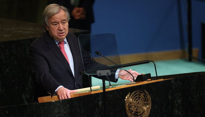 General Antonio Guterres addresses the 77th Session of the United Nations General Assembly at UN Headquarters in New York City, US on September 20, 2022.— Reuters