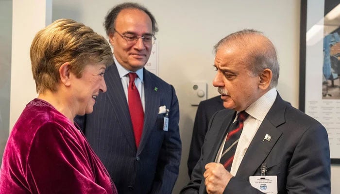 IMF Managing Director Kristalina Georgieva (left) meets PM Shehbaz Sharif  on the sidelines of the UNGA session in this image released on September 27, 2024. — X/@KGeorgieva