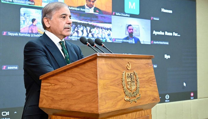 Prime Minister Shehbaz Sharif addressing the ground-breaking ceremony in Islamabad of the Ramday University to be built in Thagos, district Ghanche of Gilgit-Baltistan, on Nov 7, 2024. — PID