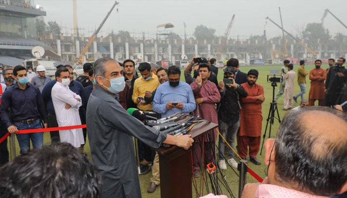 PCB Chairman Mohsin Naqvi talking to media after inspection at the Gaddafi Stadium upgradation on November 10, 2024. — Facebook@PakistanCricketBoard