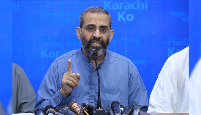 Karachi Jamaat-e-Islami (JI) Emir Monem Zafar addresses a press conference at the Karachi JI headquarters, Idara-e-Noor-e-Haq, on November 8, 2024. — Facebook@Khijamaat