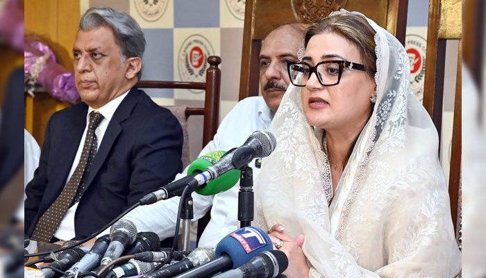 Punjab Information Minister Azma Bokhari  speaks in a press meeting at the Press Club on October 31, 2024. — APP