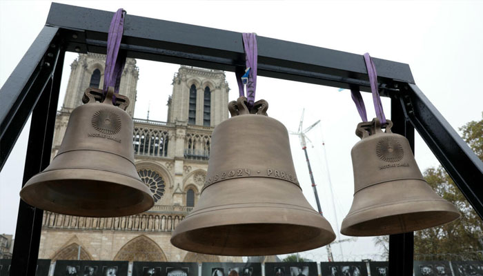 This photograph shows three new bells, including the bell used during the Paris Olympic Games, set to be placed into Paris Notre-Dame cathedral on November 7, 2024, one month before it is due to reopen and five years after a devastating fire. — AFP