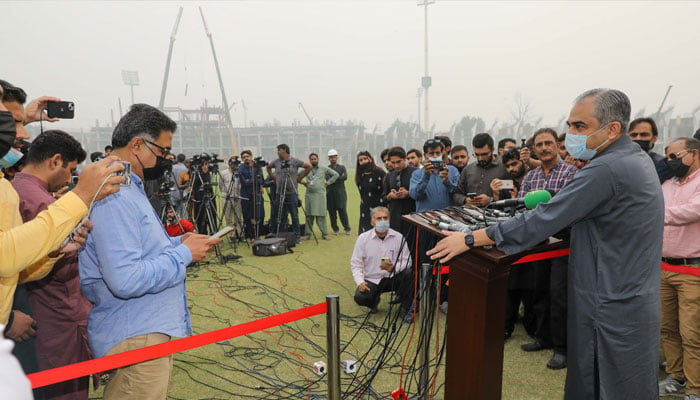 PCB Chairman Mohsin Naqvi talking to media after inspecting the Gaddafi Stadium upgradation on November 8, 2024. — PCB website