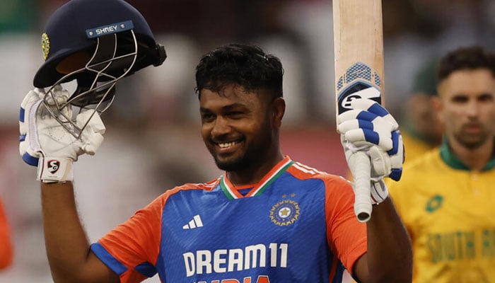 Indias Sanju Samson celebrating his hundred against South Africa. — AFP/File