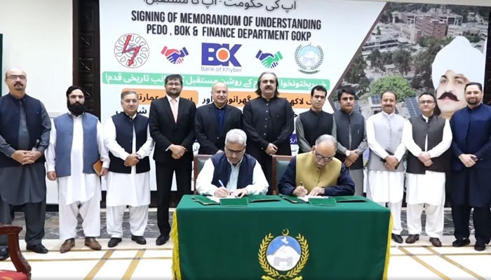 KP CM Ali Amin Gandapur attends the MoU-signing ceremony between the Bank of Khyber (BoK) and the KP Energy Development Organisation (PEDO) for the implementation of solarisation projects. — Facebook@PEDOKPK