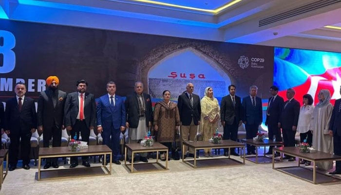 Federal Minister for Housing and Works Riaz Hussain Pirzada (fifth from left) is seen in a photo taken at the event to mark Victory Day of Azerbaijan. — Azerbaijan embassy website/File