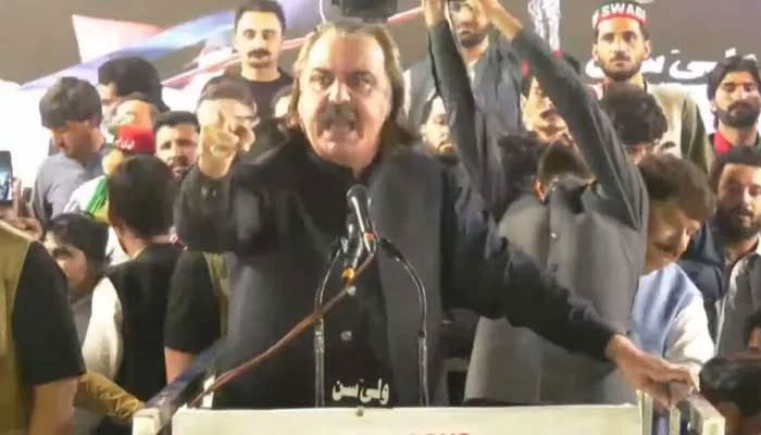 PTI leader and KP Chief Minister Ali Amin Gandapur addresses a public rally in Swabi on November 9, 2024. — YouTube@GeoNews/screengrab