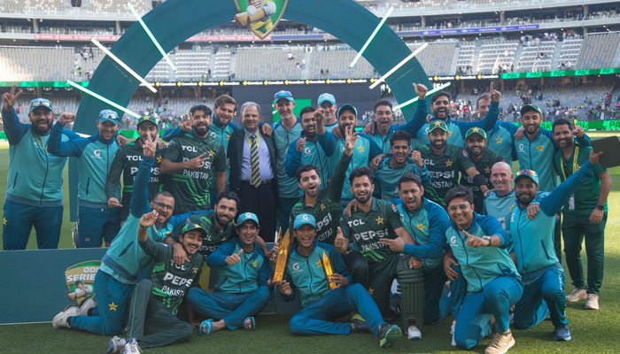 Pakistan´s players and officials celebrate winning the series after their victory in the third one-day International (ODI) cricket match between Australia and Pakistan at Perth Stadium in Perth on November 10, 2024. — AFP