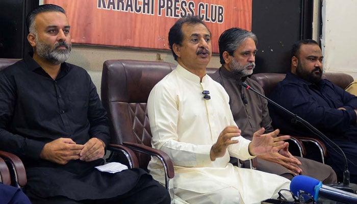 Pakistan Tehreek-e-Insaf (PTI) Sindh President Haleem Adil Sheikh addresses media persons during a press conference, at Karachi press club on November 10, 2024. — PPI