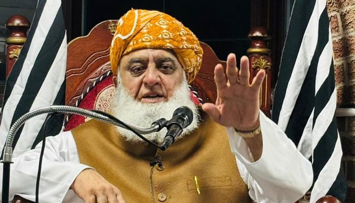 Jamiat Ulema-e-Islam Pakistan (JUIP) Ameer Maulana Fazlur Rehman addresses a ceremony in Wakefield, UK, organized by the JUI-UK chapter on November 11, 2024. — Facebook@MoulanaOfficial