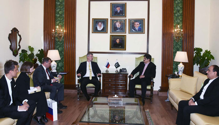 Sindh Chief Minister Syed Murad Ali Shah (2nd right) exchanges views with  Russian Ambassador Albert Khorev (3rd from right) during meeting at CM House in Karachi on November 11, 2024. — PPI