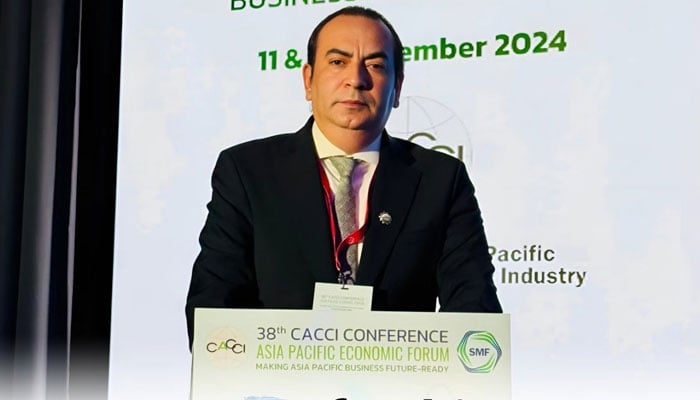 Atif Ikram Sheikh, president of the Federation of Pakistan Chambers of Commerce & Industry (FPCCI) addressing the Confederation of Asia-Pacific Chambers of Commerce & Industry (CACCI) conference. — Facebook@atifikramsheikh/File