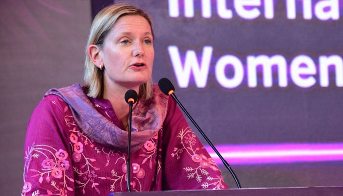 Jo Moir, Development Director at the British High Commission speaks at an event. — X@jomoir/File