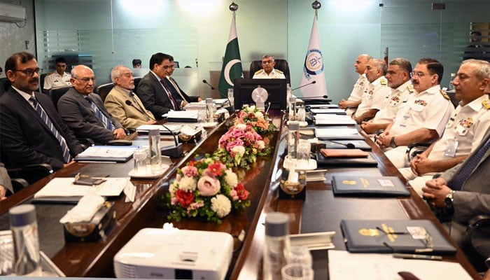 Chief of the Naval Staff Admiral Naveed Ashraf (centre) chairing a meeting of the Bahria Universitys Board of Governors at Bahria University Head Office Islamabad on November 12, 2024.— Facebook@officialBU