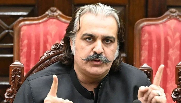 Khyber Pakhtunkhwa Chief Minister Ali Amin Gandapur gestures as he speaks at a presser in Peshawar on April 22, 2024. — X/@GovernmentKP