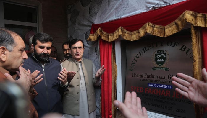 Chairman PTI MNA Barrister Gohar Ali Khan is seen praying after inauguration of Hazrat Fatima (RA) Girls Hostel and Jinnah Administration Block at the University of Buner on November 12, 2024. — Facebook@FakharJehanPTI