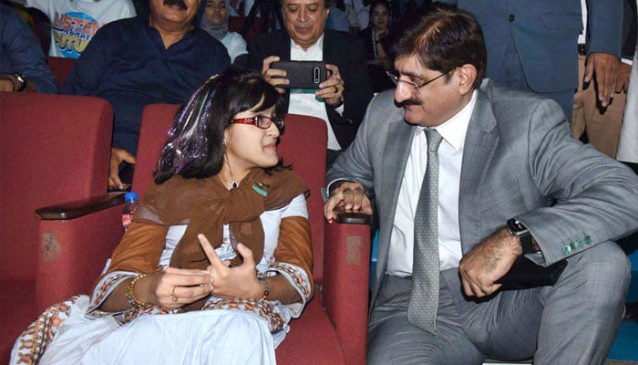 Sindh Chief Minister Syed Murad Ali Shah shares a heartfelt moment with UNICEFs Youth Advocate Taqwa Ahmed, whose recent visit to Sindh has amplified the importance of child rights advocacy on November 12, 2024.  — APP