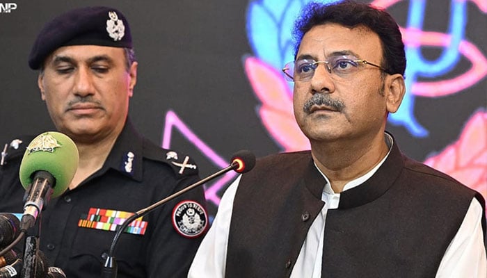 Sindh Home Minister Ziaul Hassan Lanjar speaks at a press conference. Lanjar confirmed the arrest of two suspects involved in the Karachi airport attack last month that targeted Chinese officials. — INP