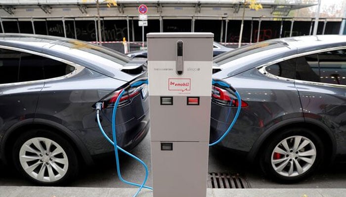 Tesla Model X electric cars recharge their batteries in Berlin, Germany, November 13, 2019. — Reuters