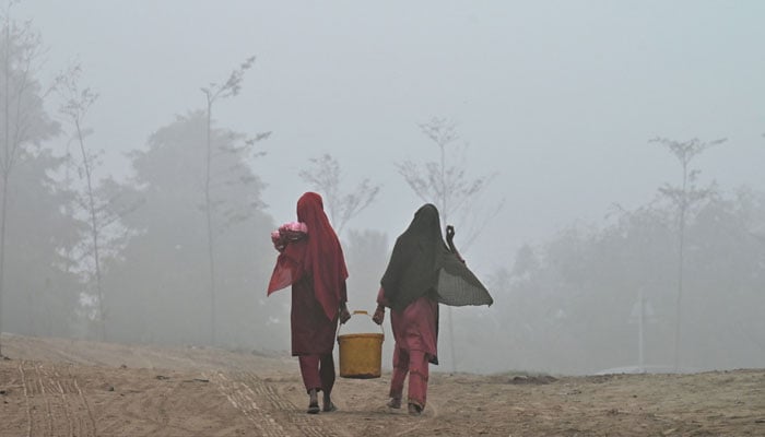 Women carry a bucket of water along a path engulfed in smog in Lahore on November 13, 2024. — AFP