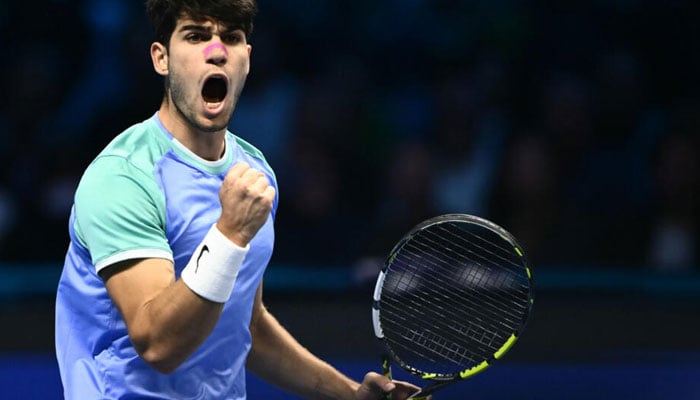 Carlos Alcaraz celebrating after beating Andrey Rublev at the ATP Finals. — AFP/file