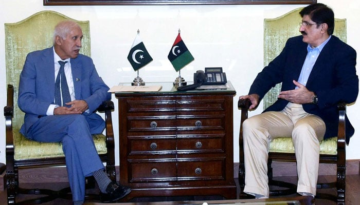 Sindh Chief Minister Syed Murad Ali Shah (right) exchanges views with Federal Minister for Maritime Qaiser Shaikh during a meeting at CM House in Karachi on November 13, 2024. — PPI