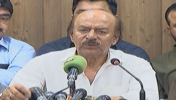 Sindh (PPP) President and Chairman of the Sindh Assemblys Public Accounts Committee Nisar Ahmed Khuhro addresses a press conference at the Bilawal House Media Cell on November 13, 2024. — Screengrab via Facebook@Bilawalhouse